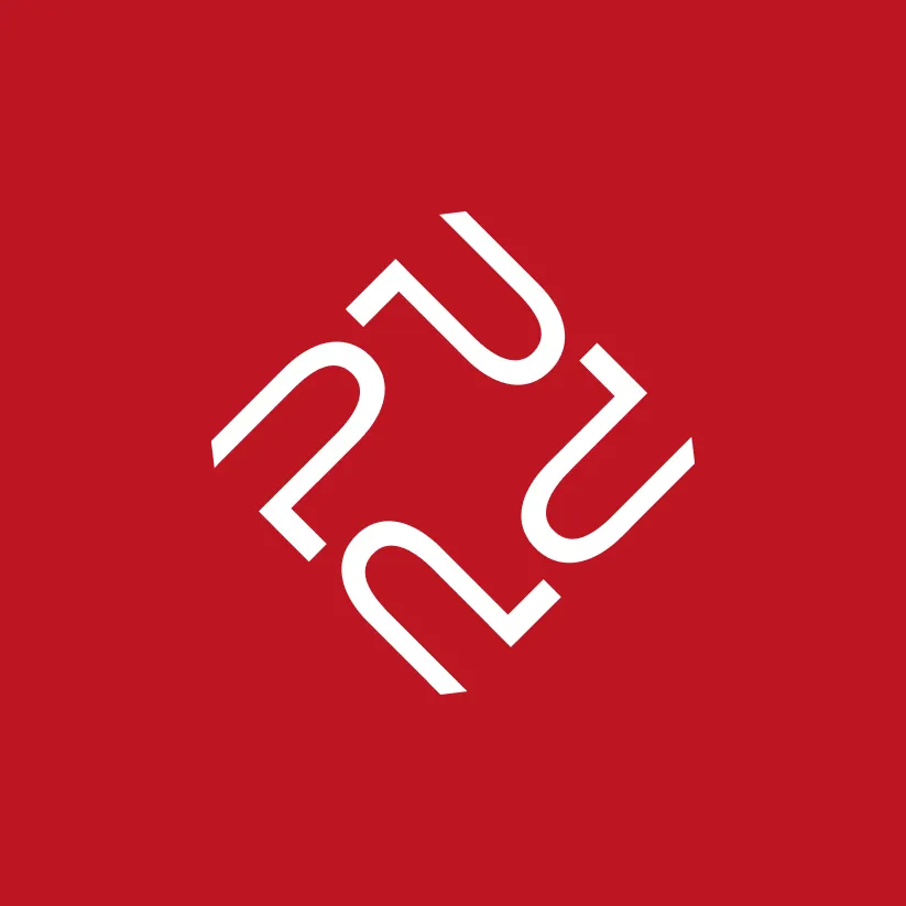 Logo iconographique Promeca blanc sur fond rouge.